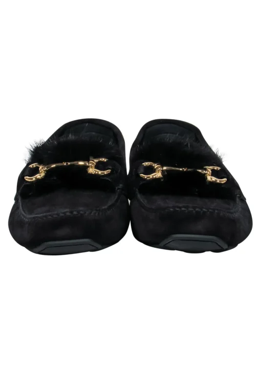 Ferragamo - Black Suede Loafers w/ Mink Trim and Gold Details Sz 11