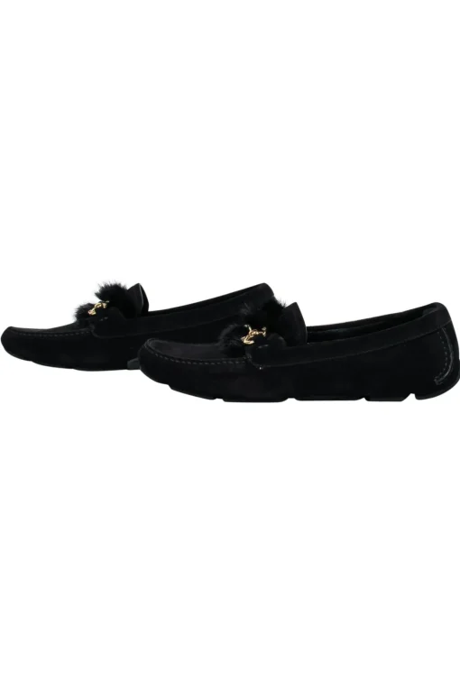 Ferragamo - Black Suede Loafers w/ Mink Trim and Gold Details Sz 11