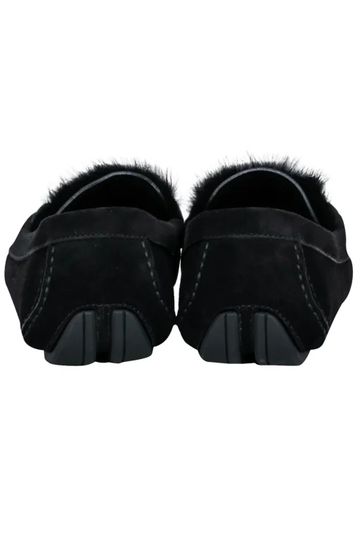 Ferragamo - Black Suede Loafers w/ Mink Trim and Gold Details Sz 11