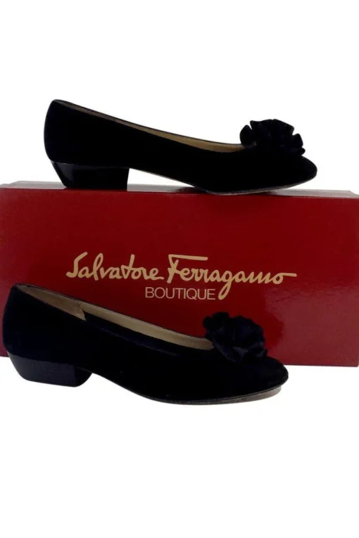 Ferragamo - Black Suede Rosette Flats Sz 5