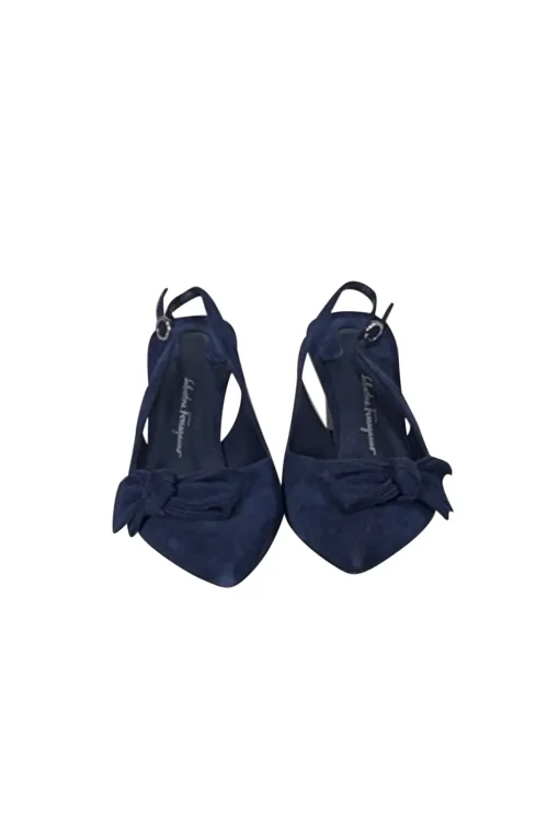Ferragamo - Navy Suede Bow Toe Sling Back Heels Sz 5.5