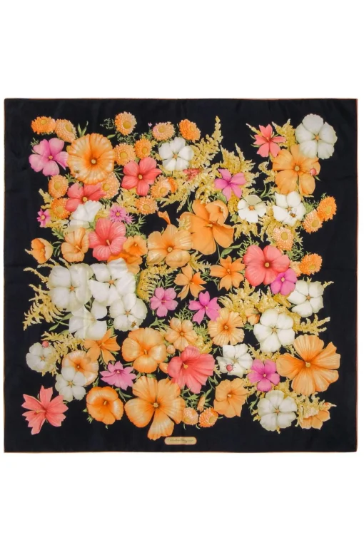 Ferragamo - Peach, Pink, Yellow & Black Floral Print Silk Scarf