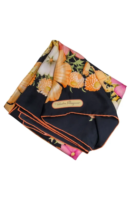 Ferragamo - Peach, Pink, Yellow & Black Floral Print Silk Scarf