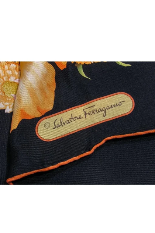 Ferragamo - Peach, Pink, Yellow & Black Floral Print Silk Scarf