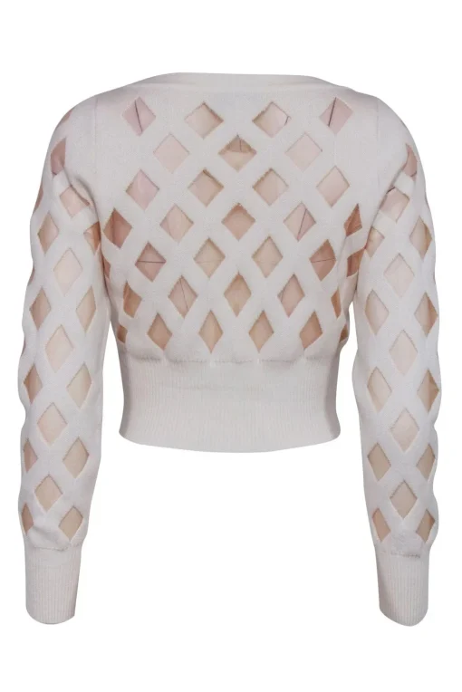Fleur Du Mal - Cream Cropped Cardigan w/ Sheer Diamond Pattern Sz M