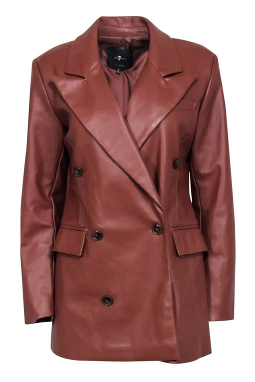 7 For All Mankind - Brown Faux Leather Double Breasted Jacket Sz M