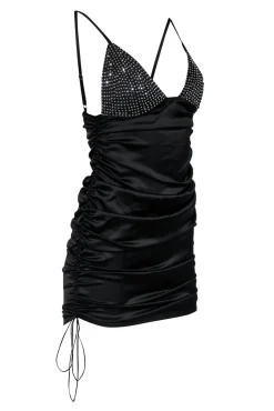 For Love & Lemons - Black Satin Mini Dress w/ Ruching & Bedazzled Detail Sz M