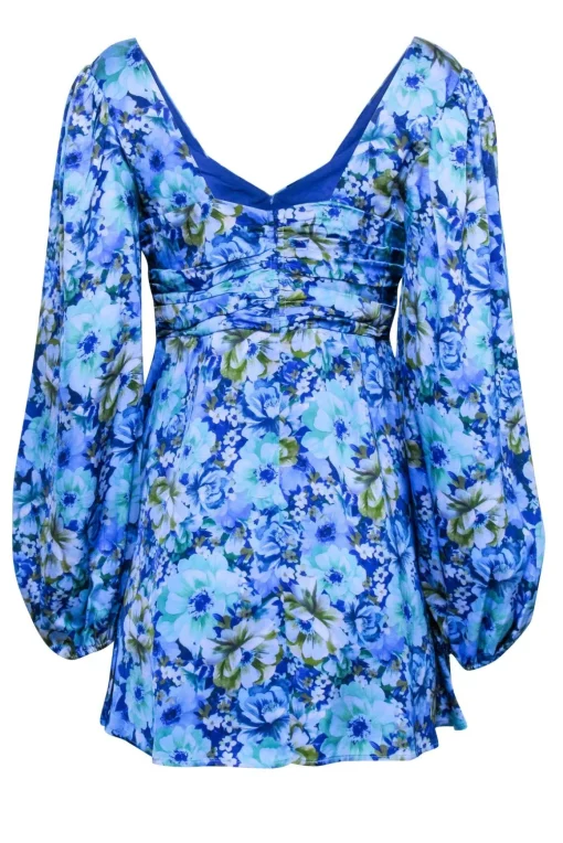 For Love & Lemons - Blue & Green Floral Print Long Sleeve Mini Dress Sz L