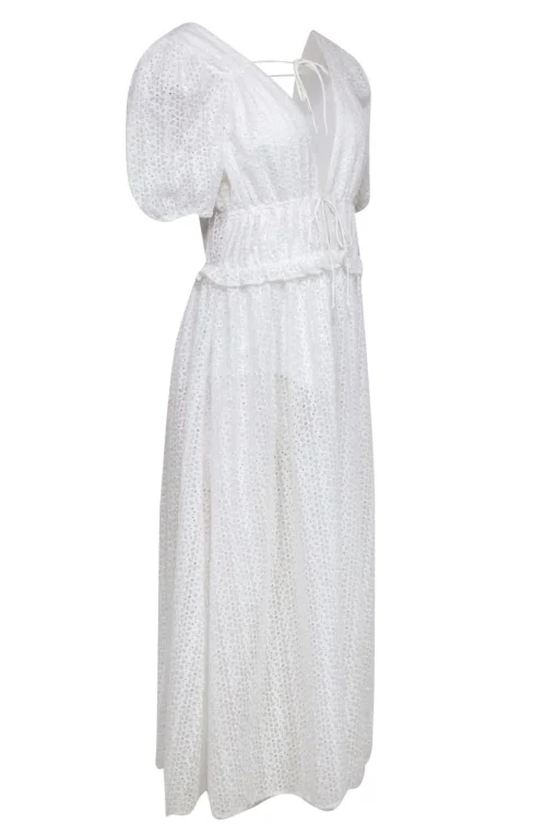 For Love & Lemons - White Floral Eyelet Maxi Dress w/ Puff Sleeves Sz L