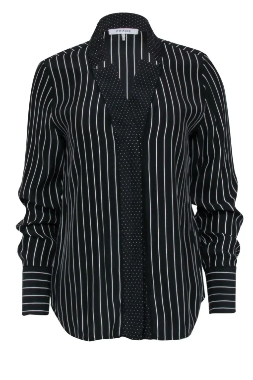 Frame - Black & White Stripe Button Front w/ Polka Dot Trim Shirt Sz S