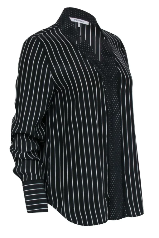 Frame - Black & White Stripe Button Front w/ Polka Dot Trim Shirt Sz S