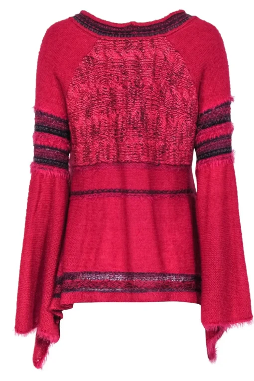 Free People - Raspberry Pink & Purple Textured Knit Frayed Bell Sleeve Sweater Sz XS