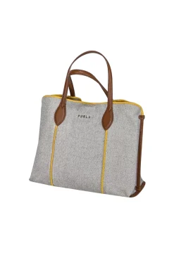 Furla - Beige & Black Blend Handbag w/ Yellow Trim & Tan Leather Details