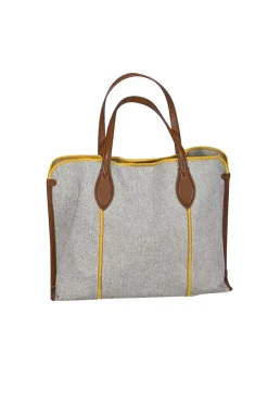 Furla - Beige & Black Blend Handbag w/ Yellow Trim & Tan Leather Details