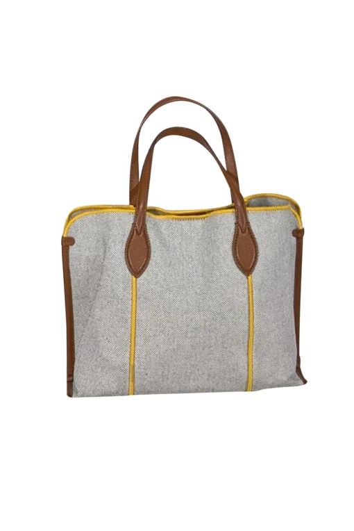 Furla - Beige & Black Blend Handbag w/ Yellow Trim & Tan Leather Details