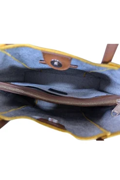 Furla - Beige & Black Blend Handbag w/ Yellow Trim & Tan Leather Details