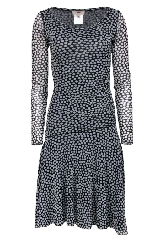 Fuzzi - Black & White Polka Dot Midi Dress w/ Ruching Sz S
