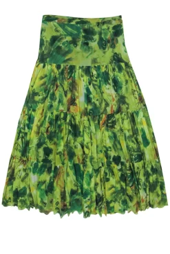 Fuzzi - Green Floral Print Tiered Mesh Maxi Skirt Sz M