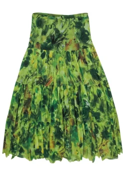 Fuzzi - Green Floral Print Tiered Mesh Maxi Skirt Sz M