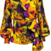 Ganni - Black & Multicolor Abstract Floral Long Sleeve Wrap Blouse Sz