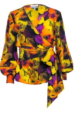 Ganni - Black & Multicolor Abstract Floral Long Sleeve Wrap Blouse Sz