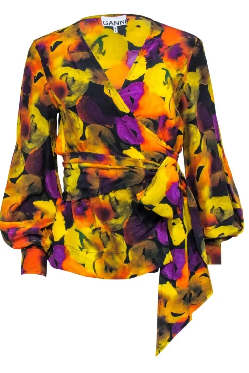 Ganni - Black & Multicolor Abstract Floral Long Sleeve Wrap Blouse Sz