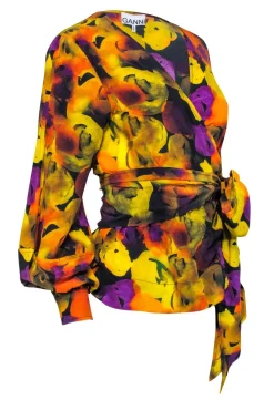 Ganni - Black & Multicolor Abstract Floral Long Sleeve Wrap Blouse Sz