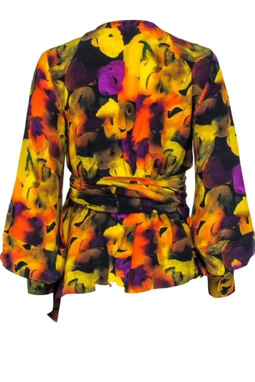 Ganni - Black & Multicolor Abstract Floral Long Sleeve Wrap Blouse Sz