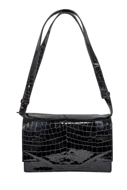 Ganni - Black Patent Leather Croc Embossed Shoulder Bag