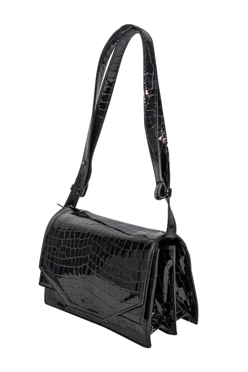 Ganni - Black Patent Leather Croc Embossed Shoulder Bag