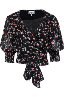 Ganni - Black w/ Multicolor Floral Print Cropped Wrap Top Sz 8