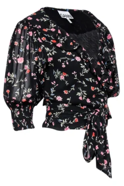 Ganni - Black w/ Multicolor Floral Print Cropped Wrap Top Sz 8