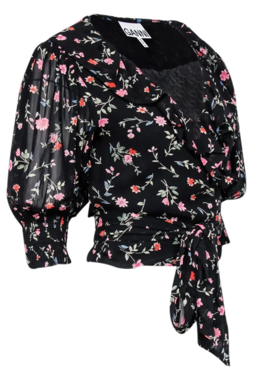 Ganni - Black w/ Multicolor Floral Print Cropped Wrap Top Sz 8