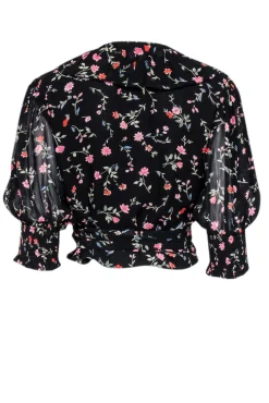Ganni - Black w/ Multicolor Floral Print Cropped Wrap Top Sz 8