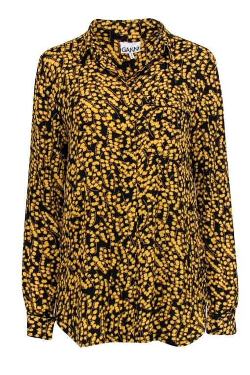 Ganni - Black w/ Yellow Floral Print Button Front Blouse Sz 6