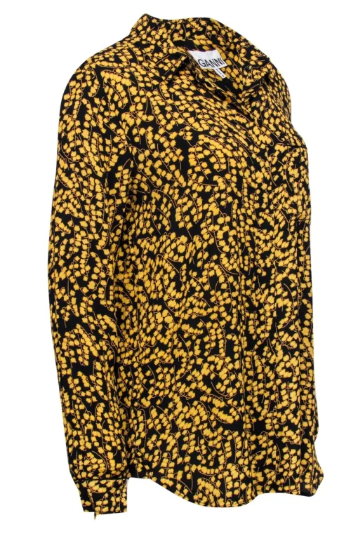 Ganni - Black w/ Yellow Floral Print Button Front Blouse Sz 6