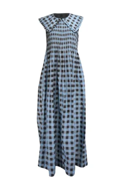 Ganni - Blue & Black Checkered Print Wide Peter Pan Collar Dress Sz 8