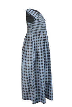 Ganni - Blue & Black Checkered Print Wide Peter Pan Collar Dress Sz 8