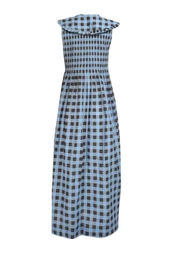 Ganni - Blue & Black Checkered Print Wide Peter Pan Collar Dress Sz 8
