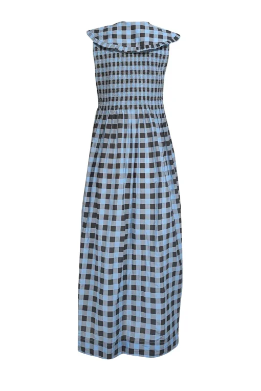 Ganni - Blue & Black Checkered Print Wide Peter Pan Collar Dress Sz 8