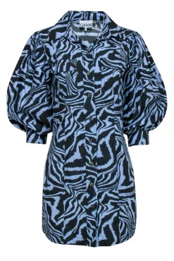 Ganni - Blue & Grey Zebra Print Puff Sleeve Mini Dress Sz M