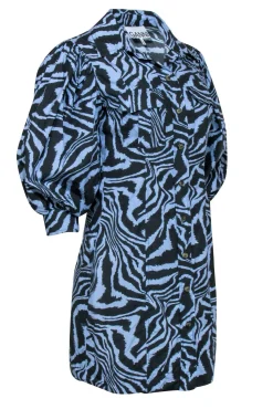 Ganni - Blue & Grey Zebra Print Puff Sleeve Mini Dress Sz M