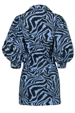 Ganni - Blue & Grey Zebra Print Puff Sleeve Mini Dress Sz M
