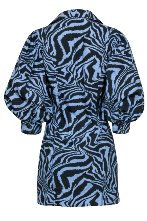 Ganni - Blue & Grey Zebra Print Puff Sleeve Mini Dress Sz M