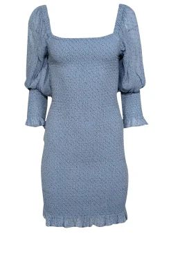Ganni - Light Blue Floral Print Smocked Puff Sleeve Dress Sz 2