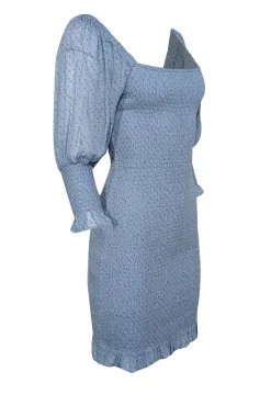 Ganni - Light Blue Floral Print Smocked Puff Sleeve Dress Sz 2