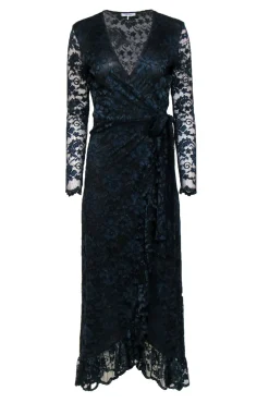 Ganni - Navy & Black Floral Lace Ruffled Wrap Maxi Dress Sz 4