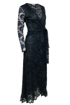 Ganni - Navy & Black Floral Lace Ruffled Wrap Maxi Dress Sz 4