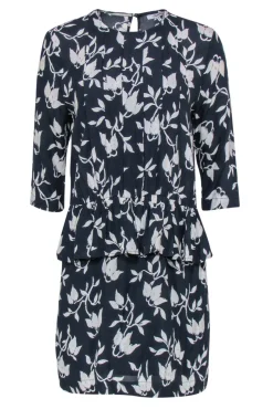 Ganni - Navy & White Floral Print Long Sleeve Peplum Dress Sz M