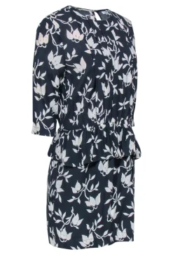 Ganni - Navy & White Floral Print Long Sleeve Peplum Dress Sz M